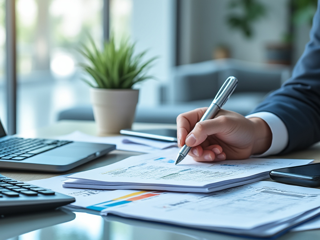 Person writing on documents at a desk with a laptop, smartphone, and potted plant in a bright office setting.