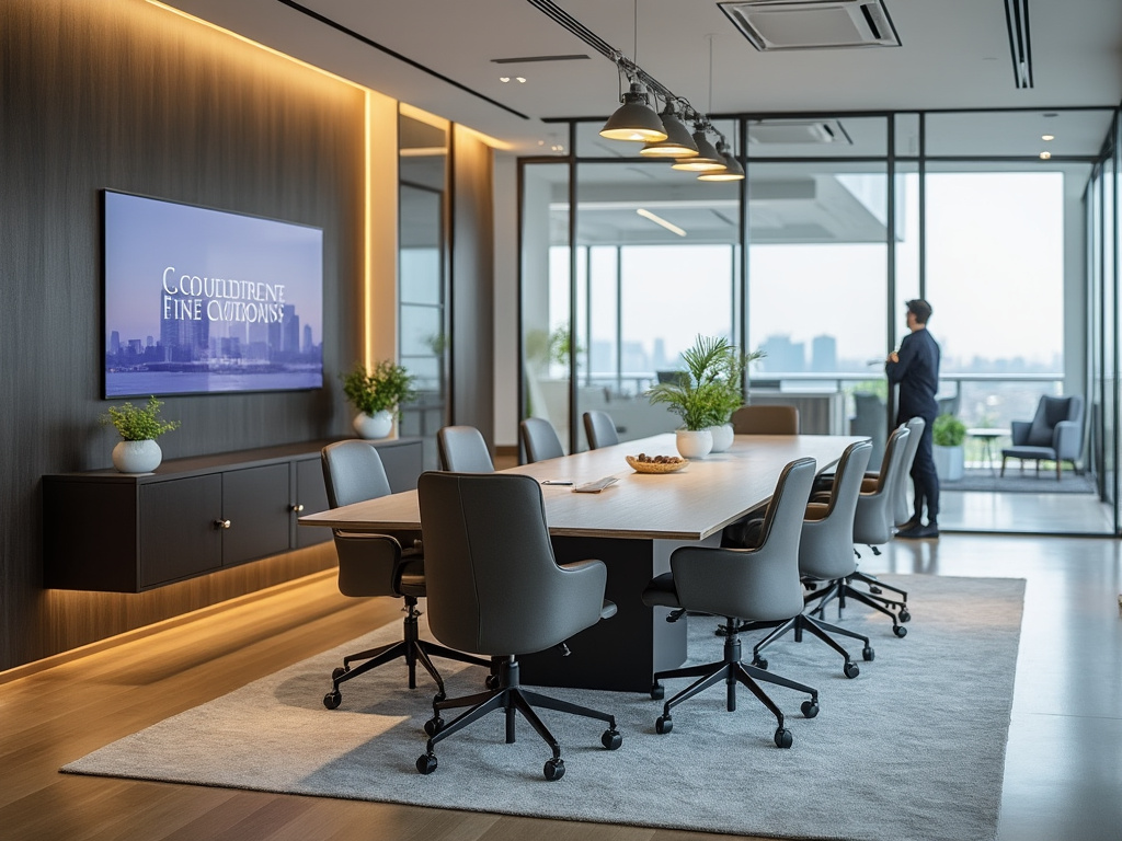 Sala de conferencias moderna con mesa larga, sillas grises, pantalla grande en la pared y vista panorámica de la ciudad a través de ventanas de vidrio.