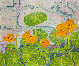 Wdc-009 NASTURTIUMS 10.2X11.4  12-Color Reduction Woodcut 1995