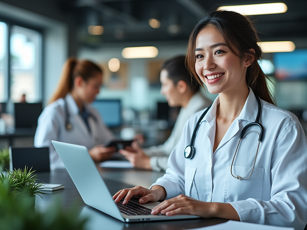Smiling female doctor with stethoscope using laptop in modern clinic office with medical colleagues in background