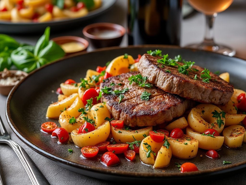 Plato de carne a la parrilla con guarnición de papas y tomates cherry, decorado con perejil fresco.