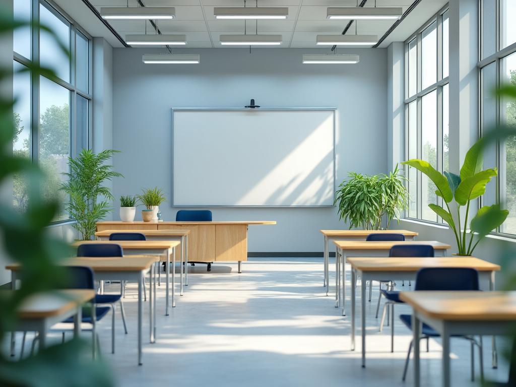 Aula moderna con mesas y sillas de madera, pizarra blanca y plantas verdes, iluminada por grandes ventanas.
