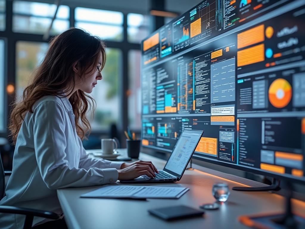 Mujer trabajando en computadora portátil frente a monitores con gráficos de datos en oficina moderna.