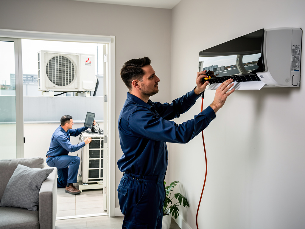 Técnicos instalando y revisando aire acondicionado split en vivienda con unidad exterior en balcón