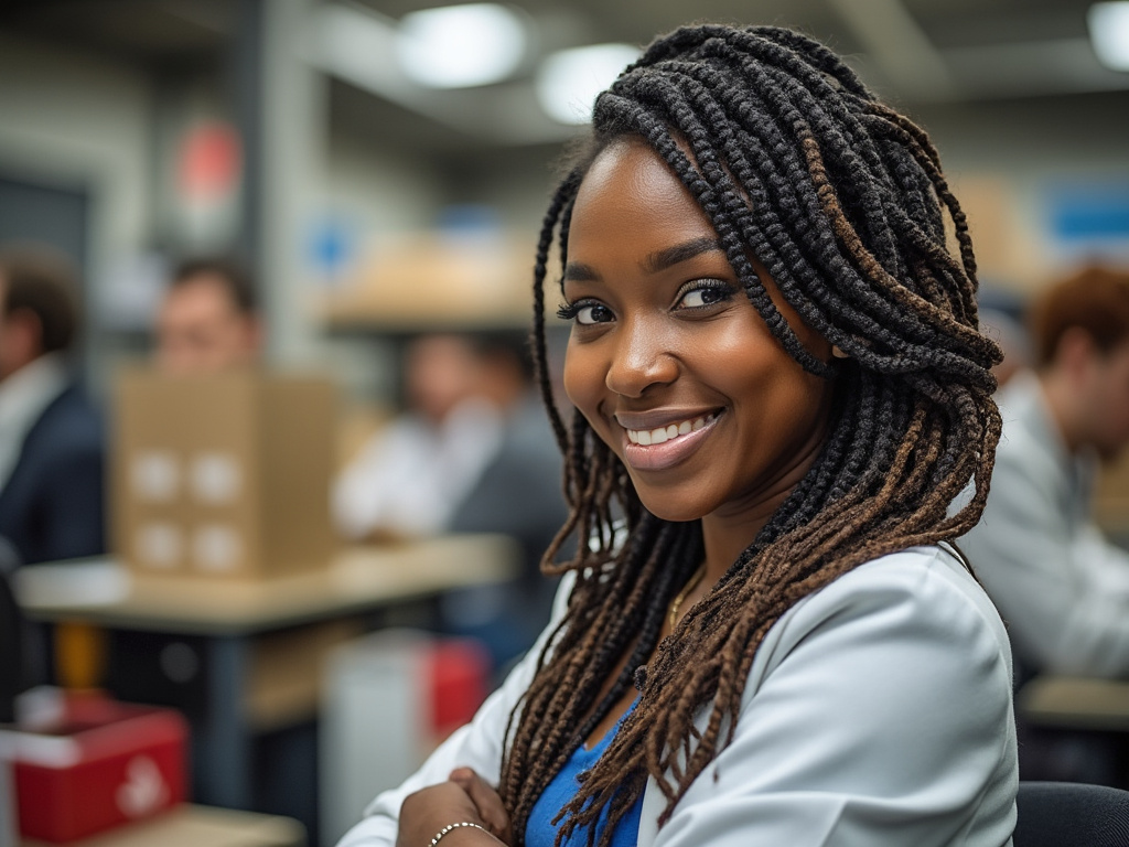 Smiling woman with braided hair in an office setting, seated at a desk with colleagues in the background.