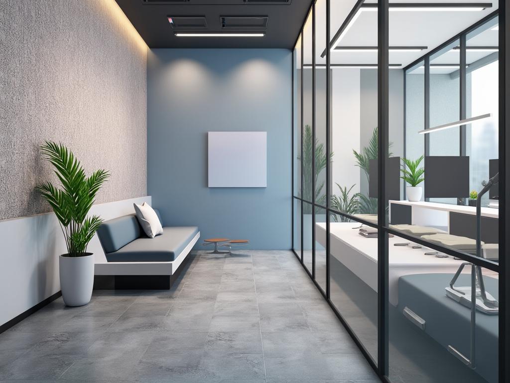 Moderna sala de espera de oficina con paredes azules, sofá gris, planta decorativa y paneles de vidrio divisores