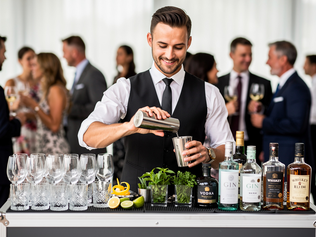Bartender mixing cocktails at elegant event bar with liquor bottles, glassware, citrus, and herbs