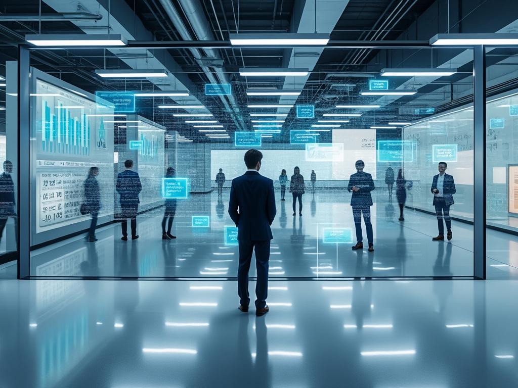 Personas en una sala de conferencias moderna con pantallas digitales y gráficos de datos en las paredes. Personas en una sala de conferencias moderna con pantallas digitales y gráficos de datos en las paredes.