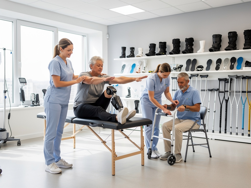 Clínica de rehabilitación ortopédica con fisioterapeutas atendiendo a pacientes, prótesis de pierna, andador, muletas y botas médicas