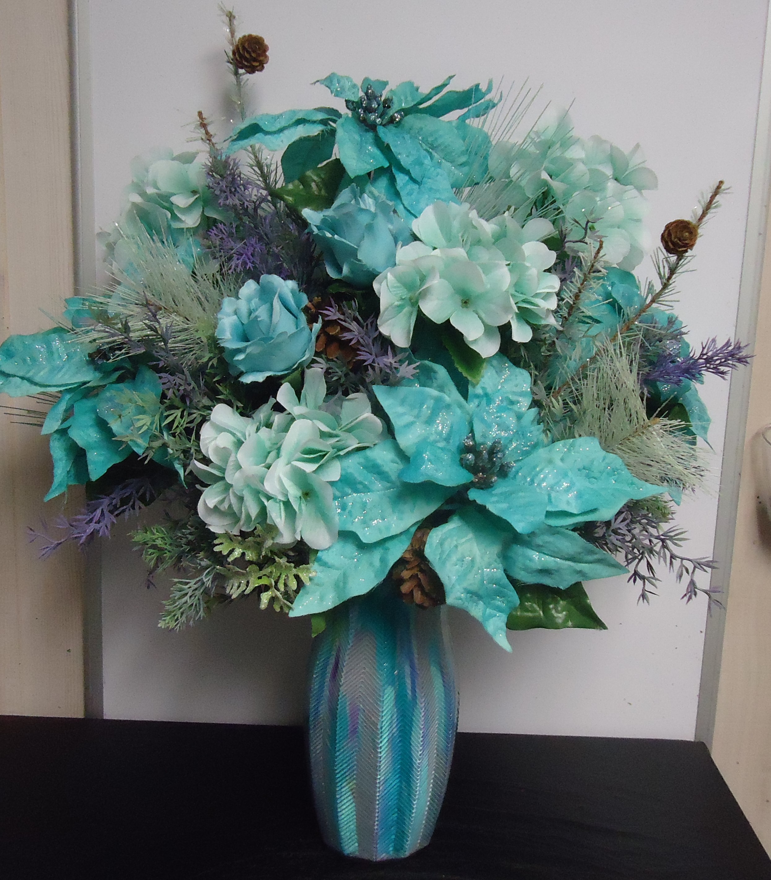 (48) "Silk" Christmas Arrangement
(Aqua & Lavender)
$75.00