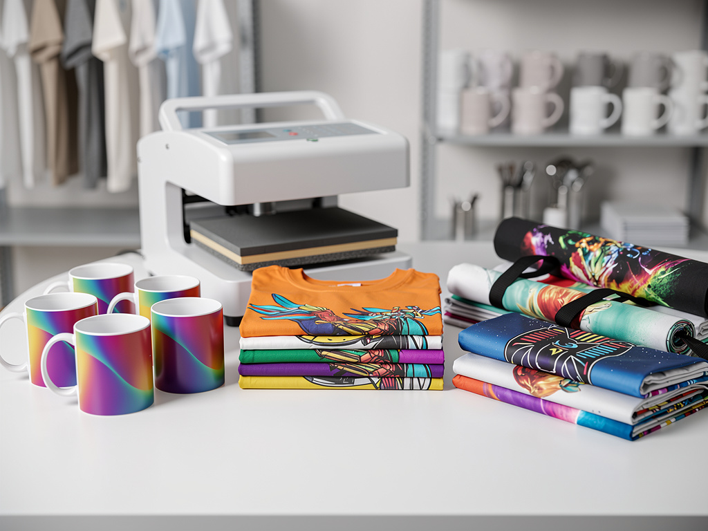 Prensa térmica para sublimación con tazas y camisetas personalizadas de colores en taller de impresión Prensa térmica para sublimación con tazas y camisetas personalizadas de colores en taller de impresión