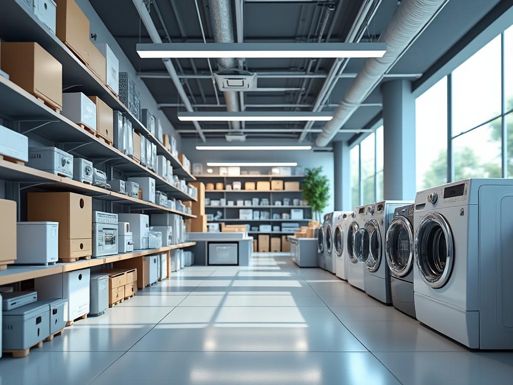 Tienda de electrodomésticos con lavadoras modernas alineadas y estantes llenos de cajas, iluminación industrial y ventanas grandes.