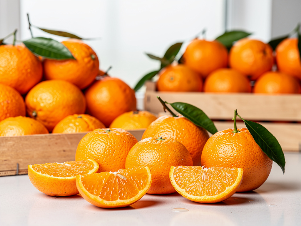 Naranjas frescas enteras y cortadas con hojas verdes en cajas de madera sobre una mesa Naranjas frescas enteras y cortadas con hojas verdes en cajas de madera sobre una mesa