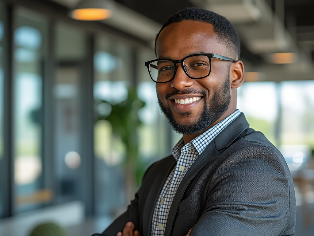Smiling man in business attire with glasses in modern office setting.