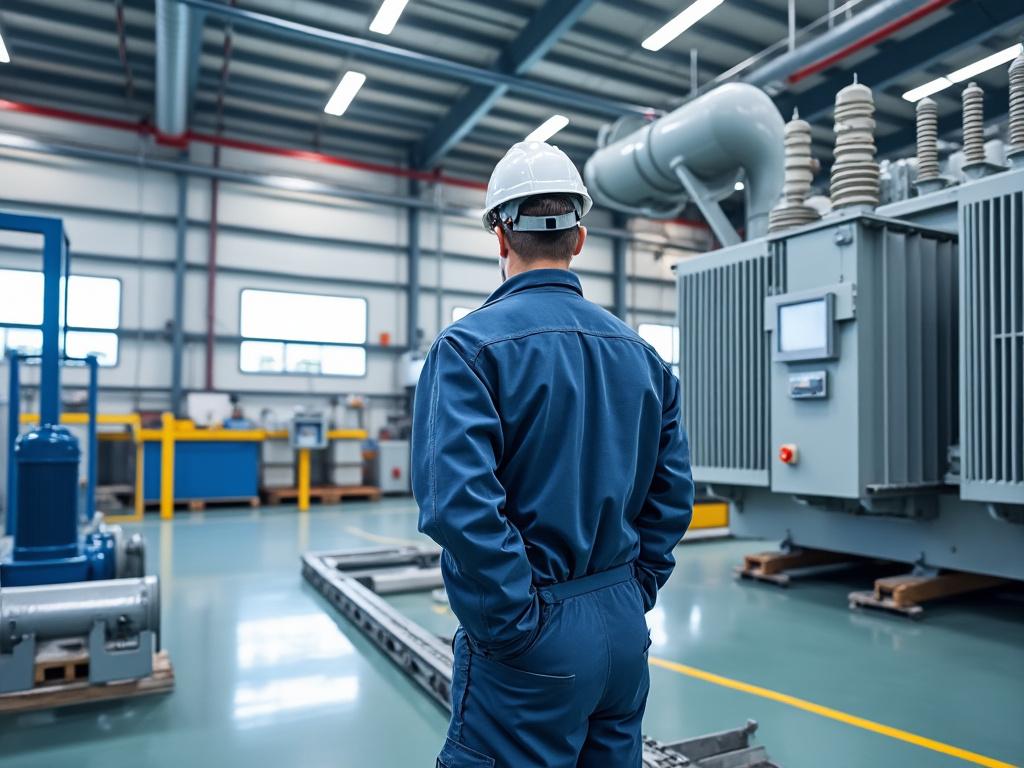 Ingeniero en una planta industrial revisando maquinaria pesada con casco de seguridad y uniforme azul.