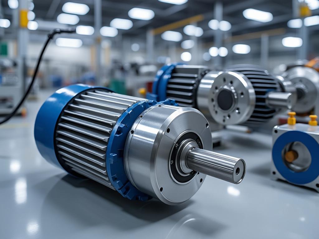 Industrial electric motors with blue and silver housing on a factory floor.