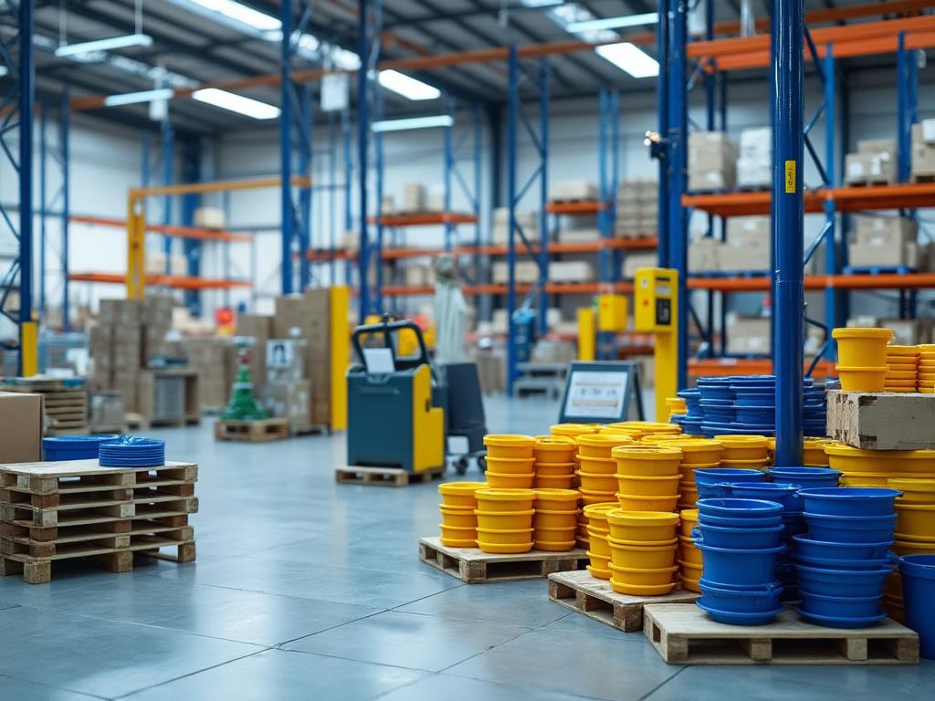 Interior de un almacén con estantes metálicos, palets con productos empaquetados y contenedores plásticos apilados en amarillo y azul.