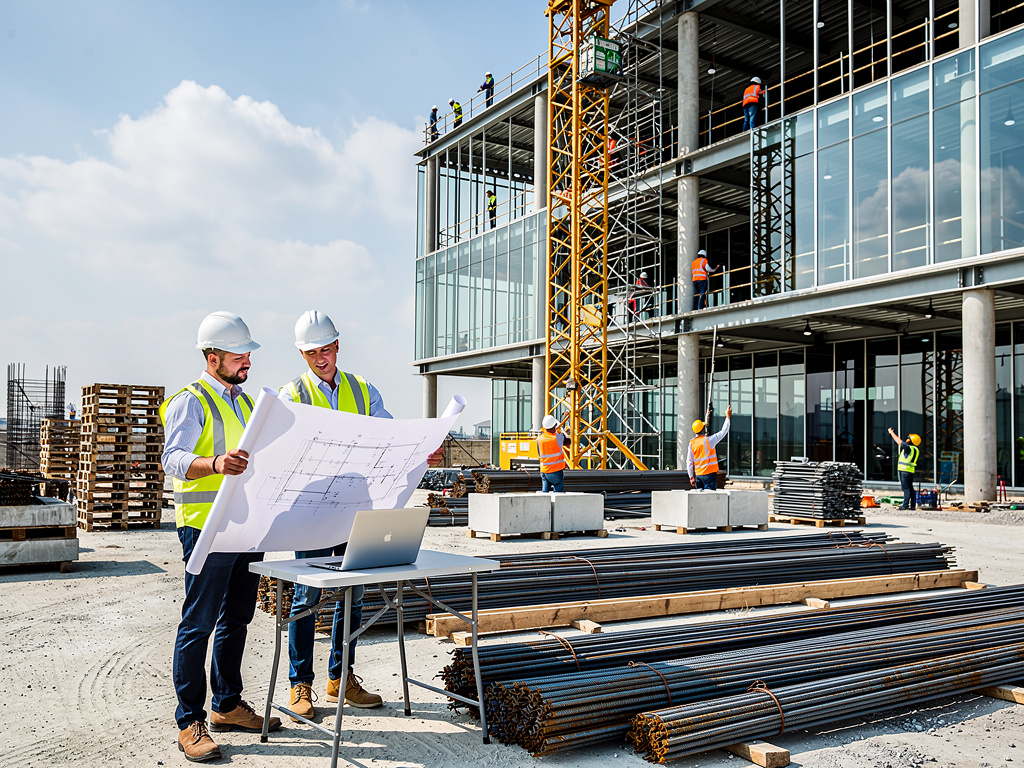 Ingenieros revisan planos en obra de construcción con grúa, trabajadores y edificio moderno en desarrollo