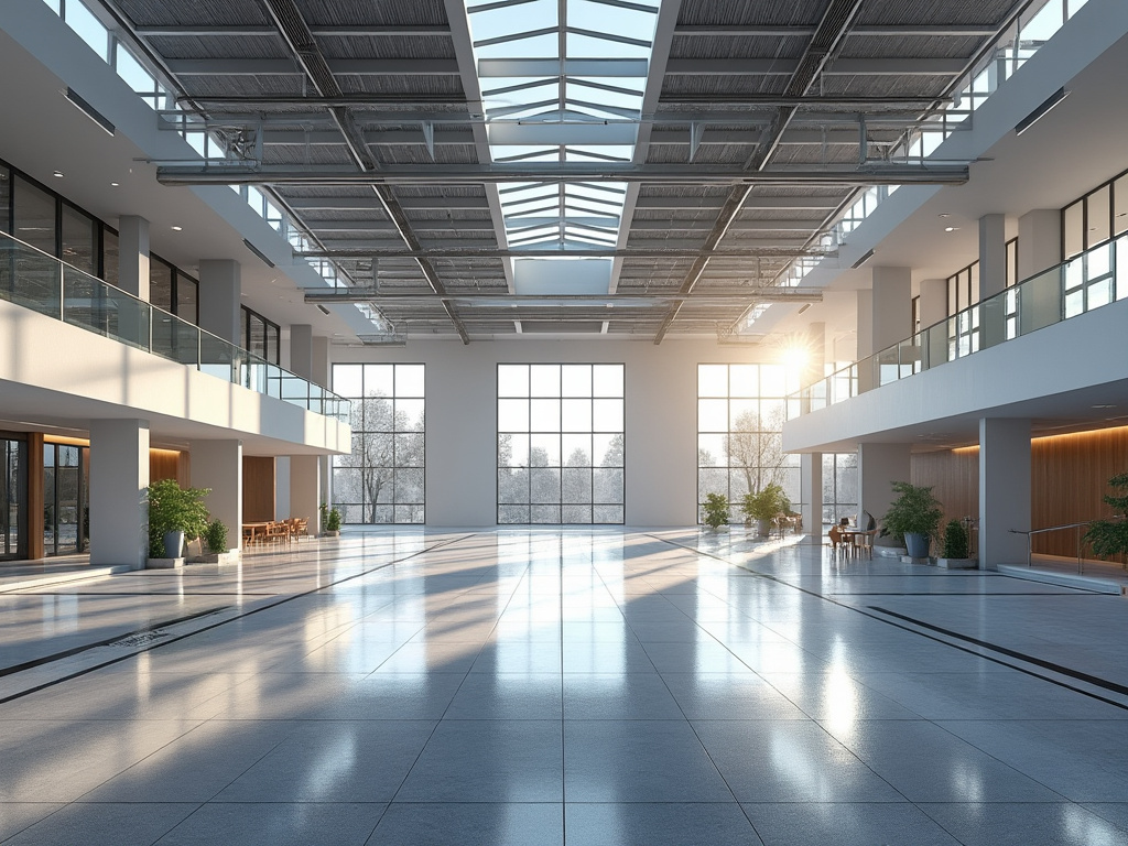 Atrio moderno y luminoso con techo de vidrio, grandes ventanales, pasarelas interiores y suelo pulido en edificio corporativo