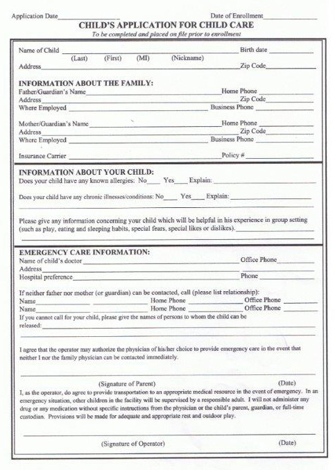Child’s Application for Child Care