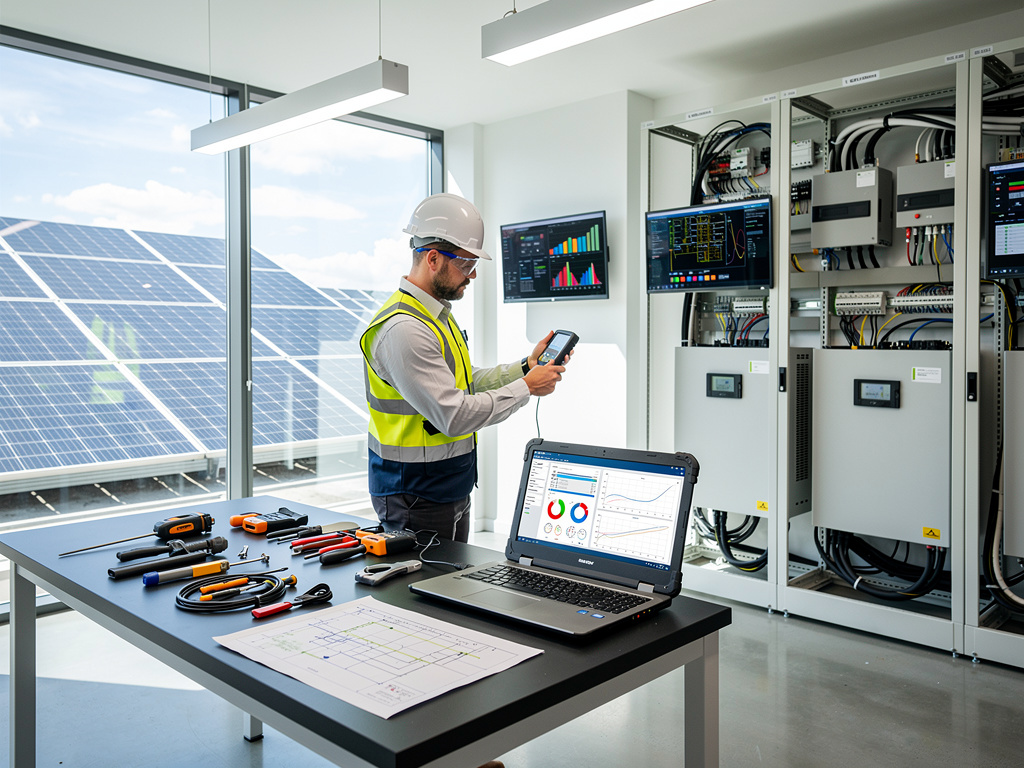 Solar energy technician monitoring photovoltaic system in control room with electrical panels, laptop diagnostics, and solar panels outside
