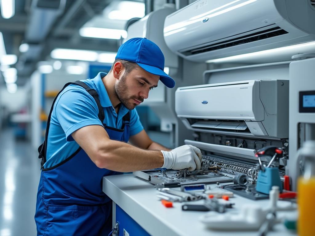 Técnico revisando una unidad de aire acondicionado en un taller, usando guantes y uniforme azul.