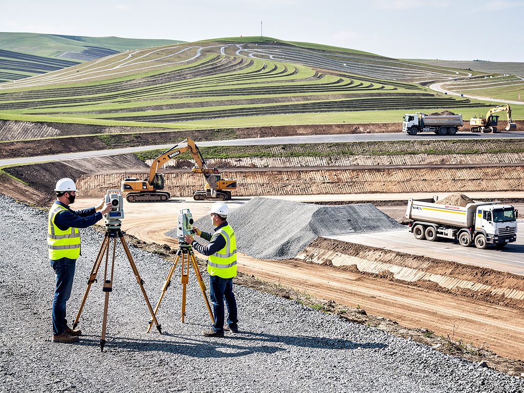 Topógrafos con equipos de medición en obra de construcción de carretera con excavadoras y camiones en terreno aterrazado