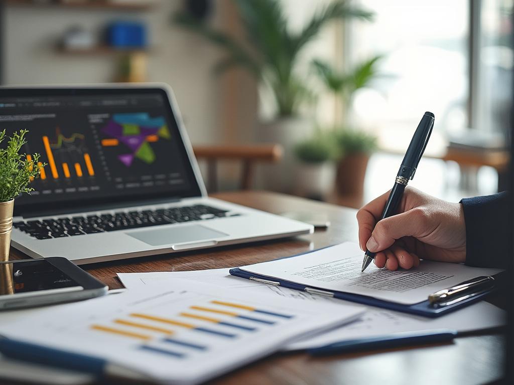 Persona escribiendo en un documento con gráficos financieros en una computadora portátil sobre una mesa.