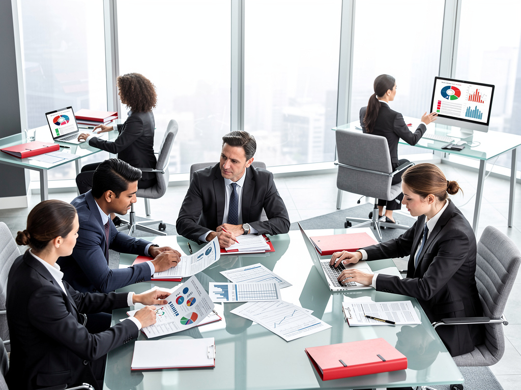 Equipo de profesionales analizando informes financieros y gráficos en una oficina moderna