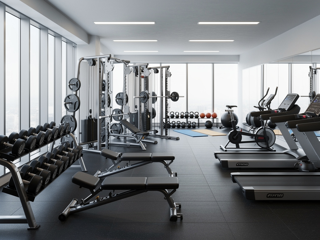 Gimnasio moderno con pesas, bancos de entrenamiento, máquinas de musculación y cintas de correr junto a grandes ventanales Gimnasio moderno con pesas, bancos de entrenamiento, máquinas de musculación y cintas de correr junto a grandes ventanales