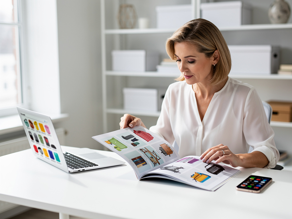 Mujer revisando catálogo de productos en oficina moderna con portátil y teléfono móvil