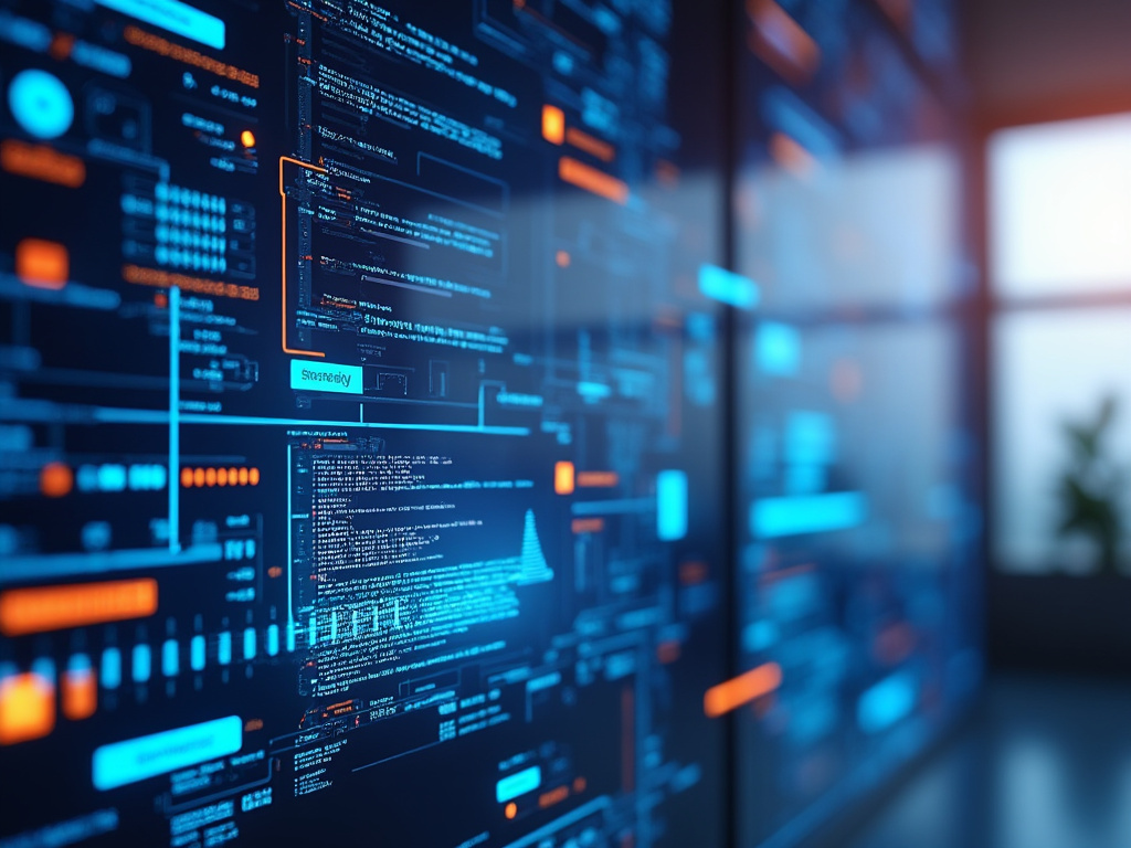 Interfaz digital futurista con código de programación y paneles de datos en pantallas tecnológicas