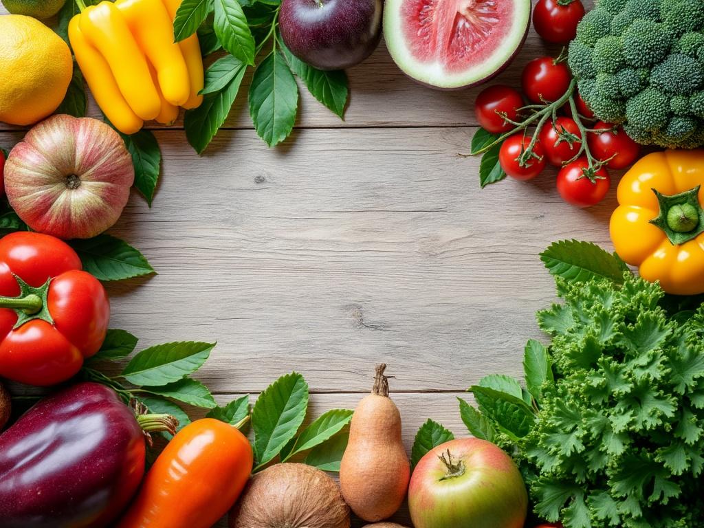 Variedad de frutas y verduras frescas sobre fondo de madera, incluyendo tomates, pimientos, lechuga, brócoli y sandía.
