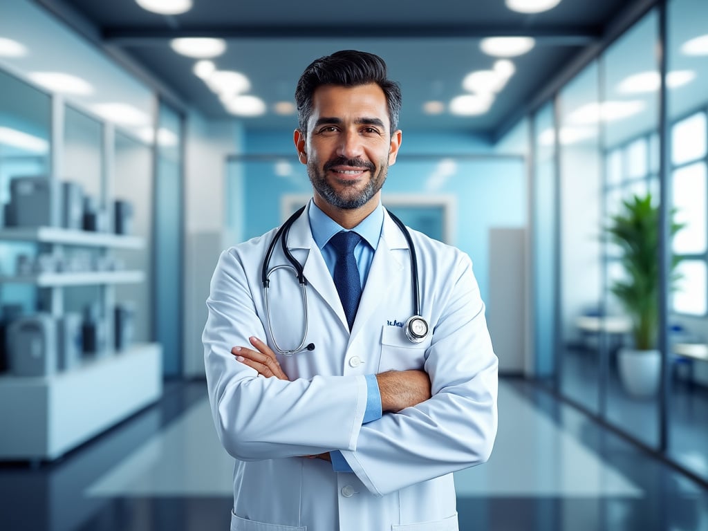 Médico sonriente con bata blanca y estetoscopio en el cuello, de pie en un moderno entorno de consultorio.