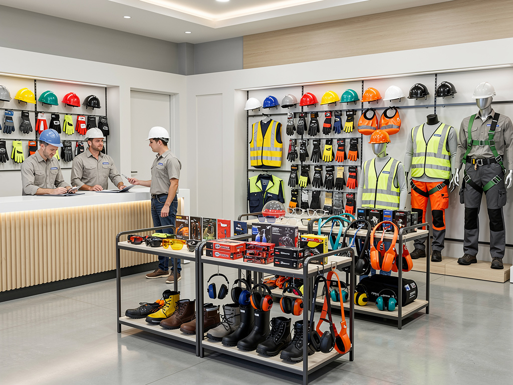 Tienda de equipos de protección personal con cascos, guantes, chalecos reflectantes, arneses, botas y protectores auditivos