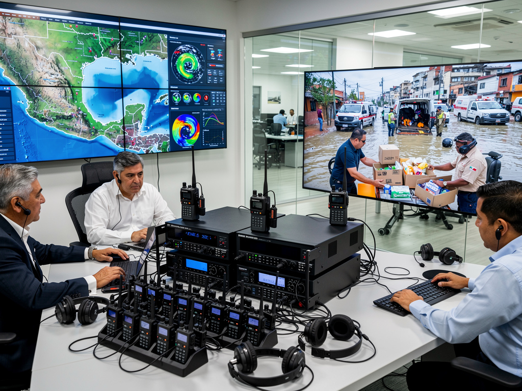 Centro de coordinación de emergencias con radios, mapas meteorológicos y ayuda humanitaria durante inundación