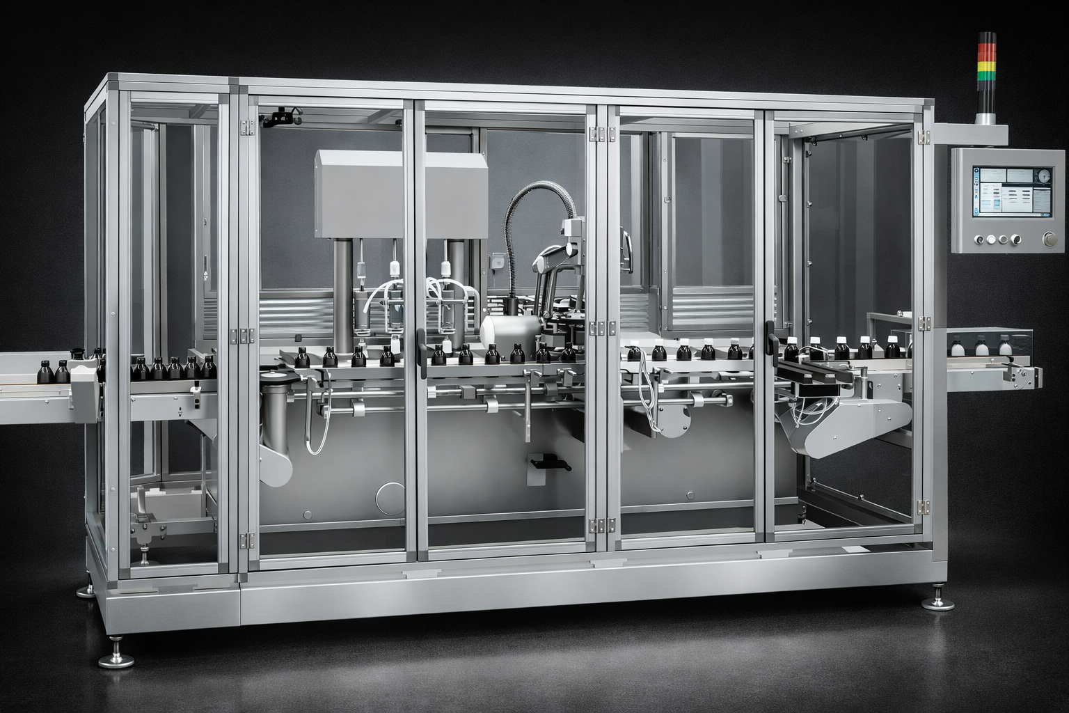 Automated bottling machine in an industrial setting with conveyor belt and control panel.