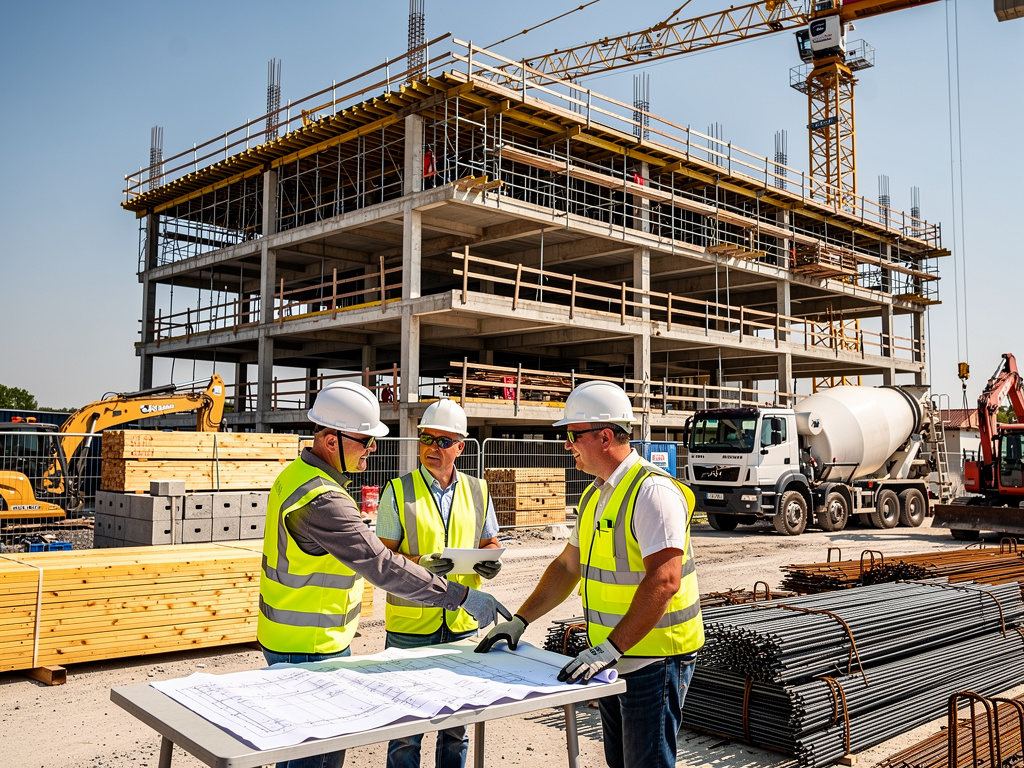 Construction workers reviewing blueprints at commercial building site with crane, scaffolding, concrete mixer, and materials