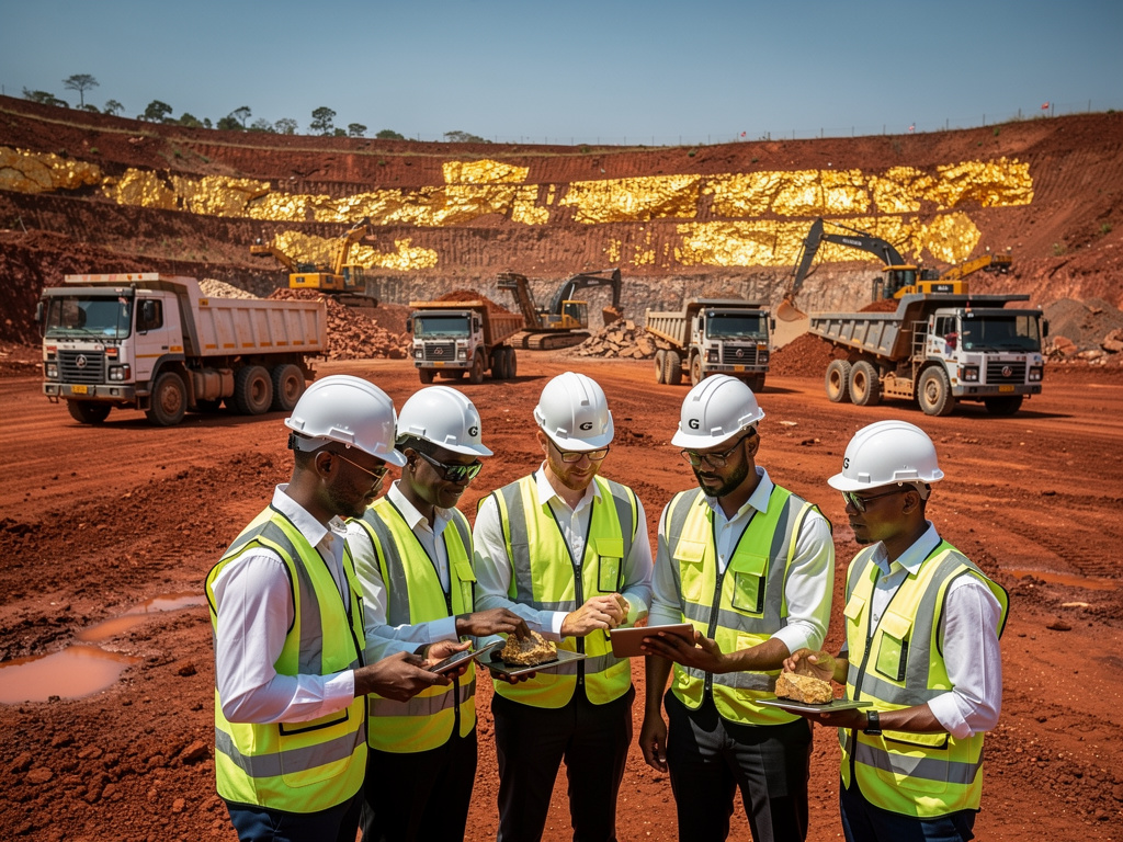 Mining engineers in safety gear inspecting ore samples at an open-pit gold mine with dump trucks and excavators