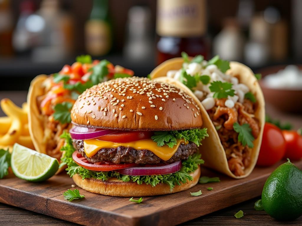 Juicy cheeseburger with lettuce, tomato, and onion on a sesame seed bun, surrounded by tacos, lime wedges, and cherry tomatoes.