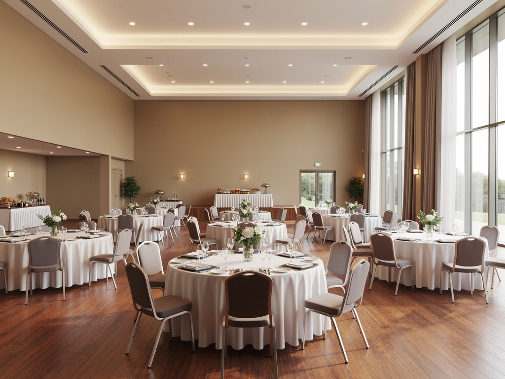 Salón de banquetes elegante con mesas redondas decoradas, sillas, flores y grandes ventanales para eventos