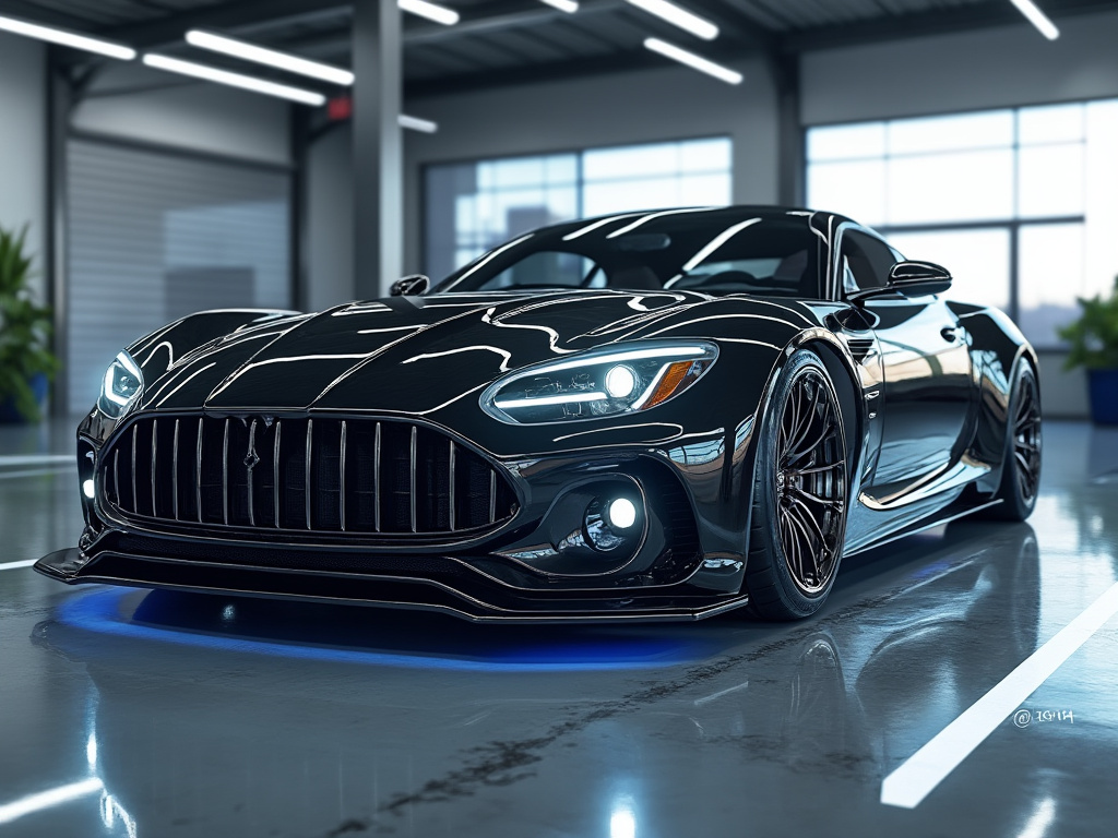 Coche deportivo negro de lujo con faros LED en garaje moderno y suelo reflectante