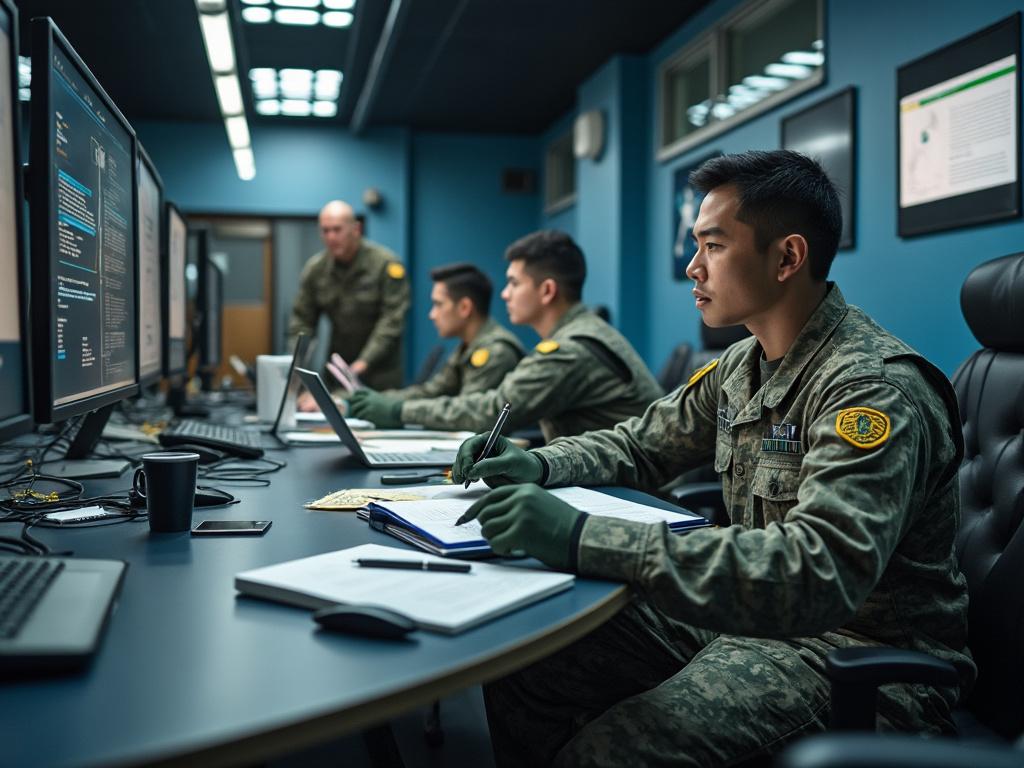 Soldados en una sala de control operativa trabajando en computadoras con pantallas y tomando notas.