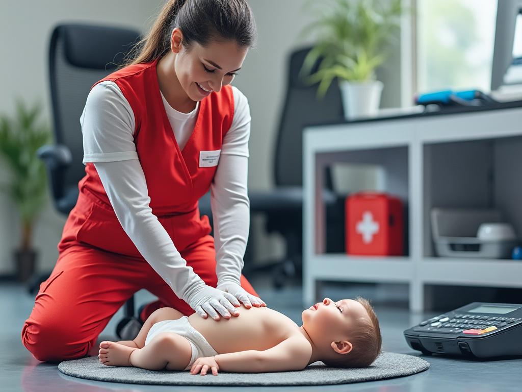 Female paramedic performing CPR on an infant mannequin in a medical training room.