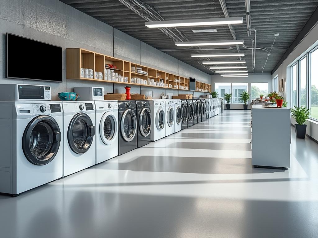 Interior de una moderna tienda de electrodomésticos con lavadoras en fila, estanterías con utensilios y plantas en macetas.