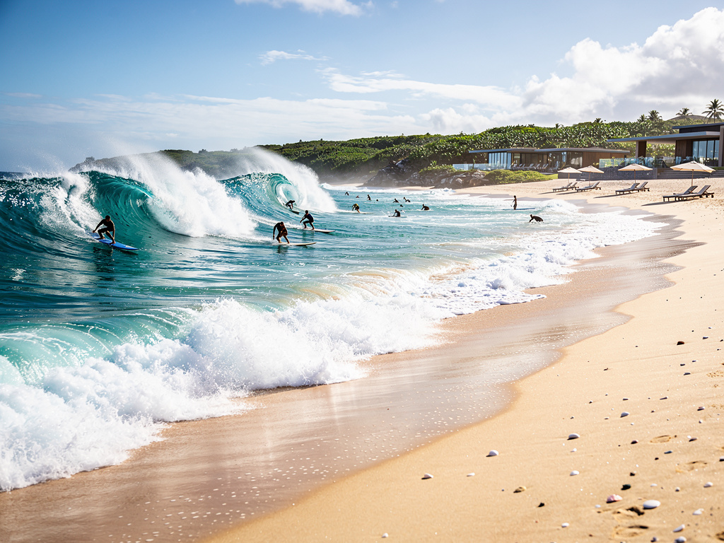 Surfistas cabalgando grandes olas turquesas en playa tropical con arena dorada y resort frente al mar