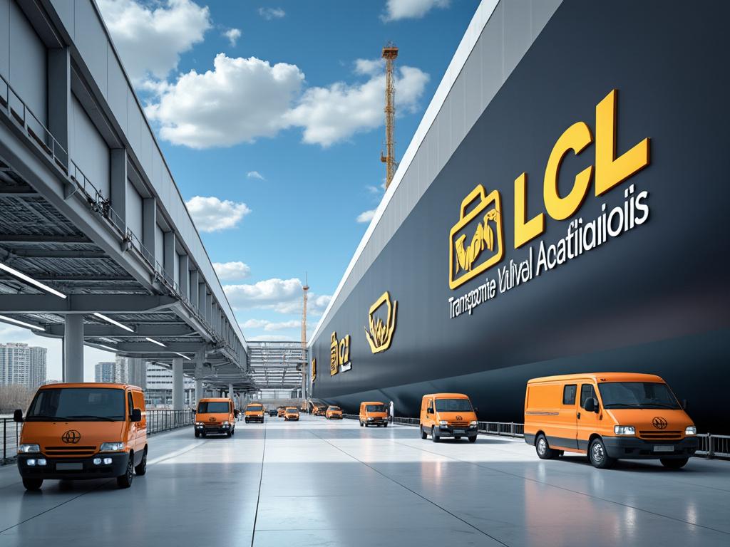 Vans naranjas alineadas en un centro de distribución de logística moderno con cielo azul y nubes.
