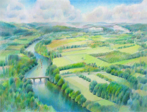 View from L'Esplanade, Domme (Coloured Pencil 12" x 16")