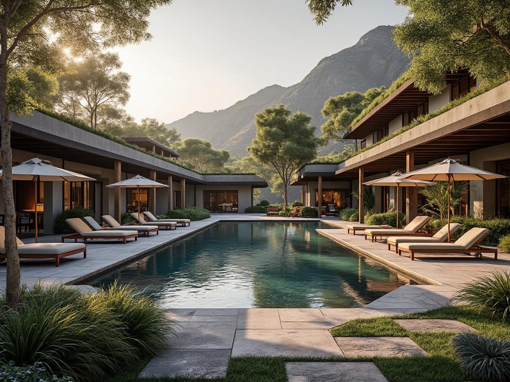 Lujosa piscina al aire libre rodeada de tumbonas y sombrillas, con arquitectura moderna y paisaje montañoso al fondo.