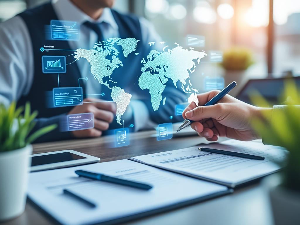 Personas trabajando en la oficina con gráfico digital de mapa mundial en 3D, documentos sobre la mesa y fondo iluminado.